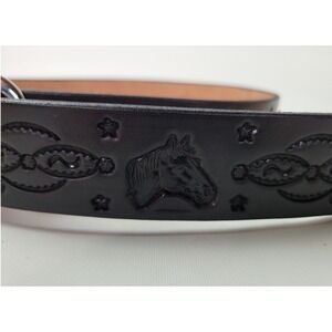 Dennis Knight Black Tooled Leather Horse Head Belt Solid Brass Buckle USA Made